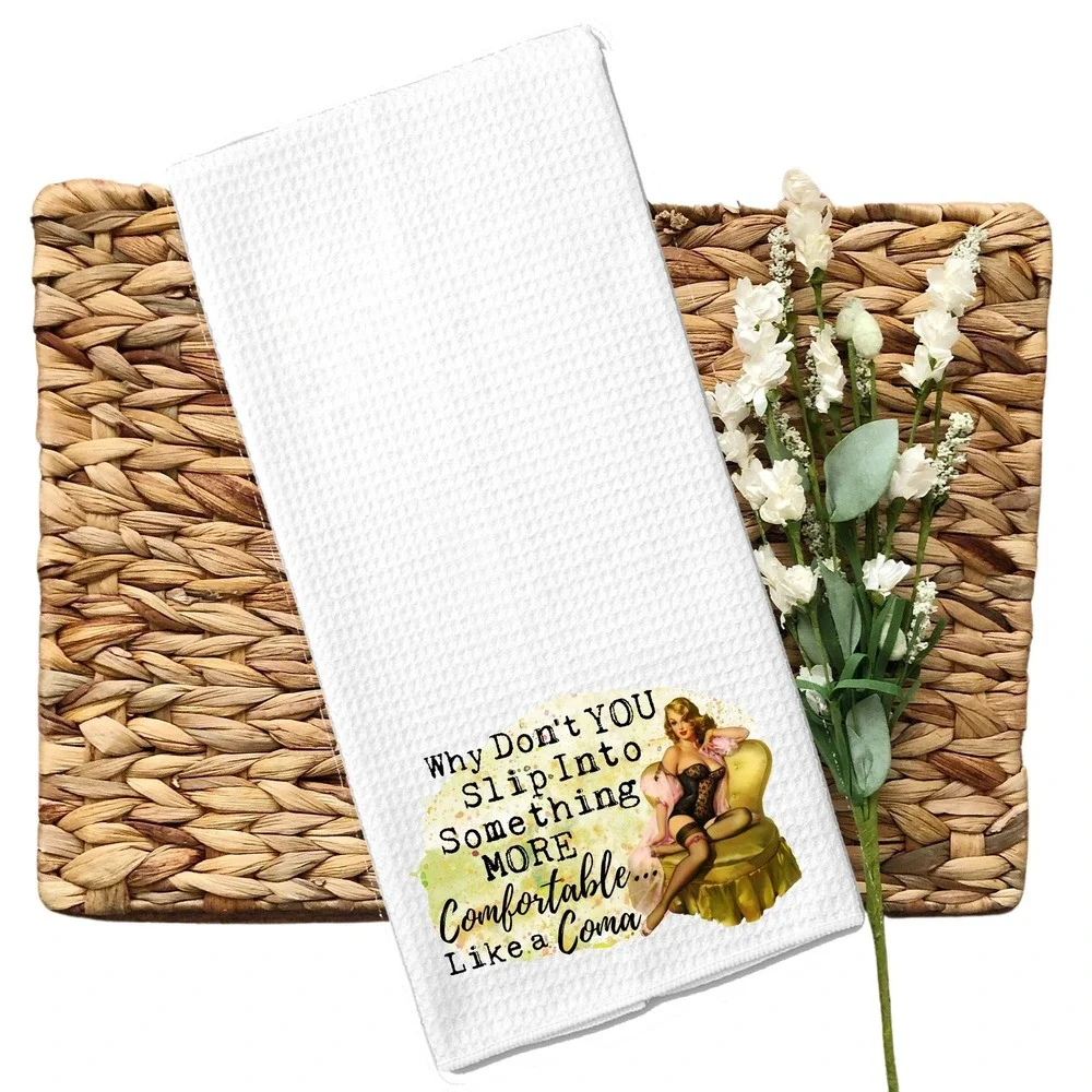 Vintage Pin Up Girl Waffle Weave Kitchen Towel White Sarcastic Coma Humor